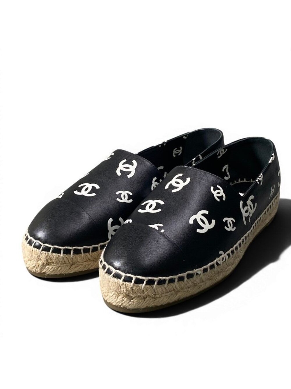 Chanel Espadrilles Flat Shoes CC Logo Leather 39 Black - Picture 2 of 11
